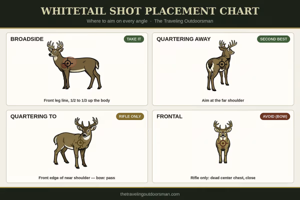 Whitetail deer shot placement chart showing aim points for broadside, quartering away, quartering to, and frontal angles